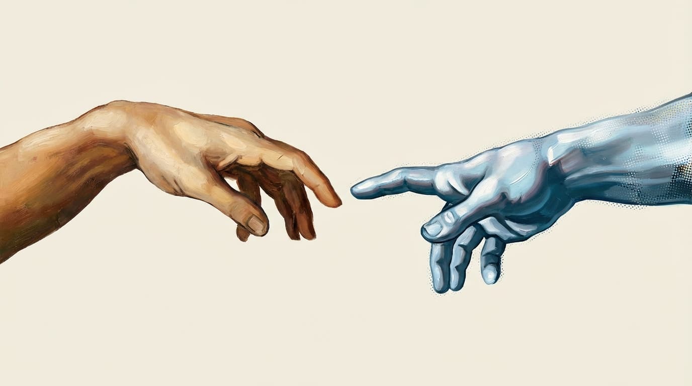 Remixed Creation of Adam: warm human hand and metallic AI hand pulling apart on cream background