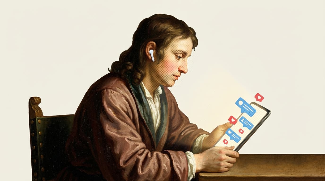 Cover image: Vermeer-style painting of a figure with AirPods scrolling social media notifications on a tablet