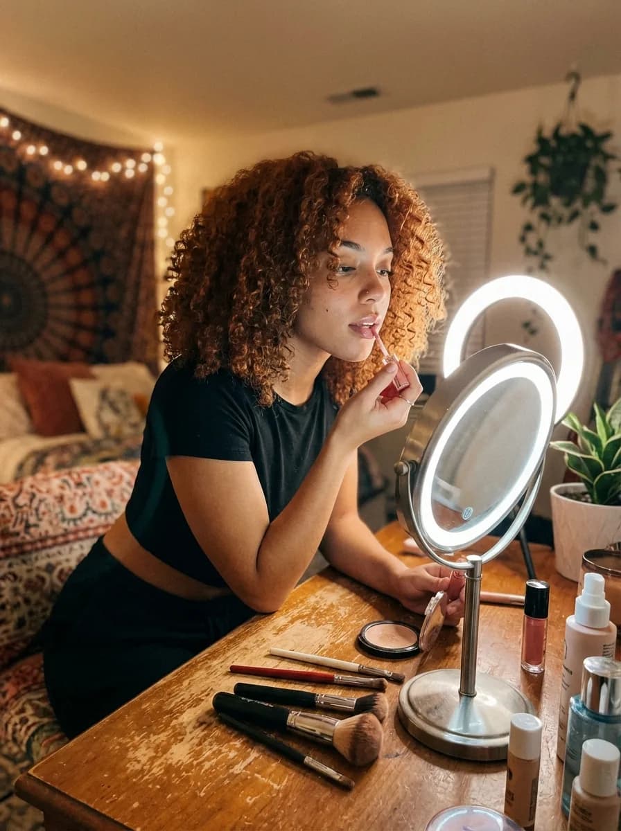 Beauty creator content: a makeup routine at a ring-light mirror