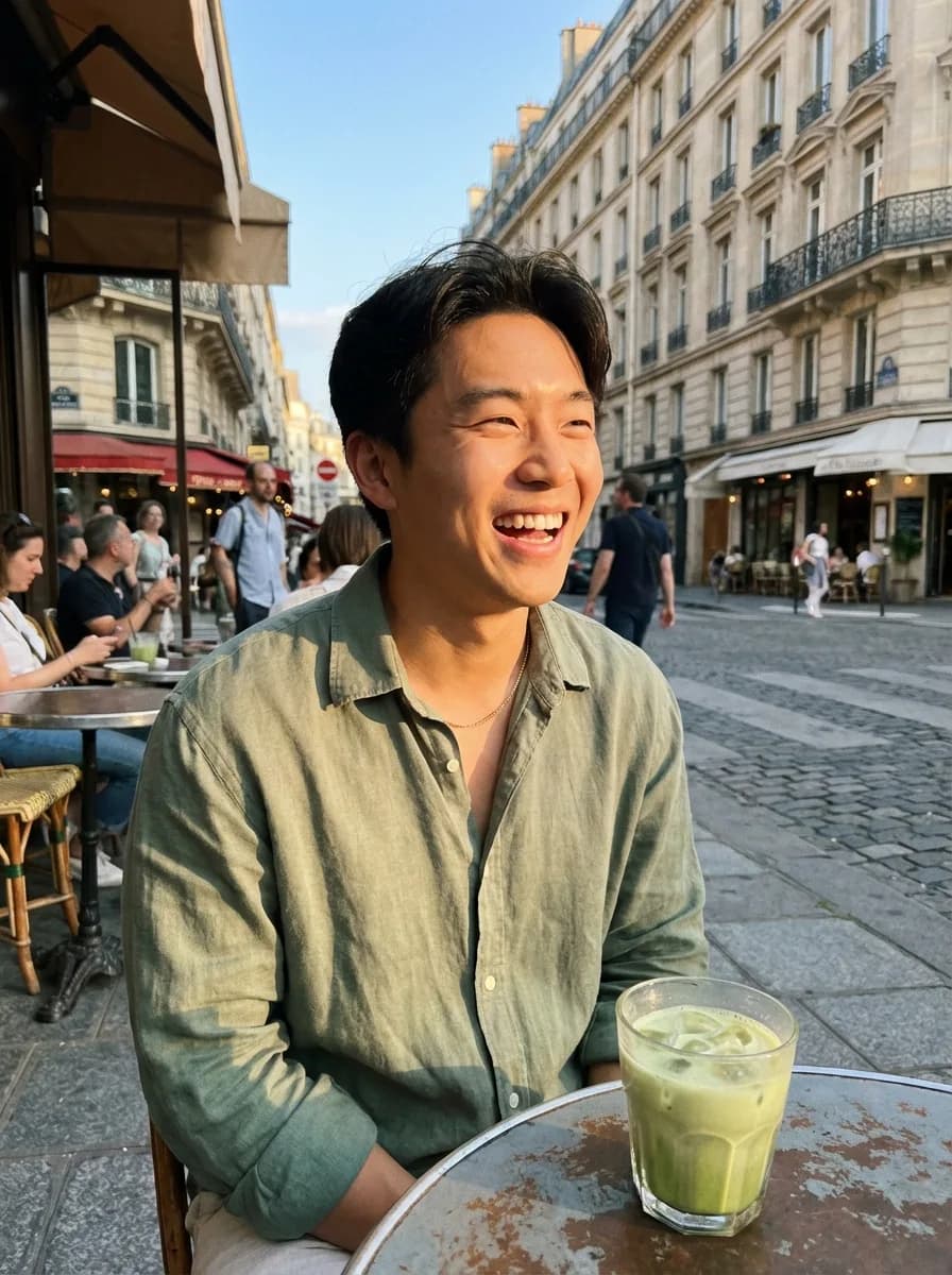 Lifestyle creator content: a matcha on a Paris café terrace