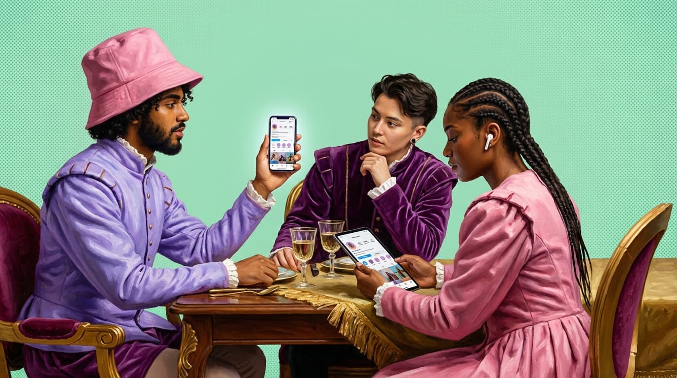 Renaissance group portrait of diverse creators browsing Instagram profiles on smartphones
