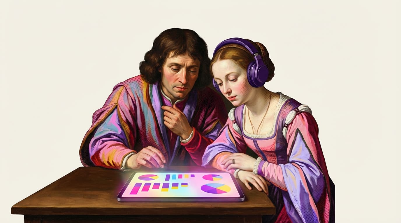 Renaissance couple examining affiliate analytics on a tablet