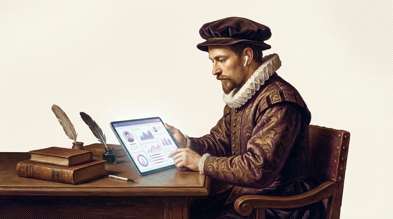 Renaissance merchant examining influencer affiliate analytics on a tablet