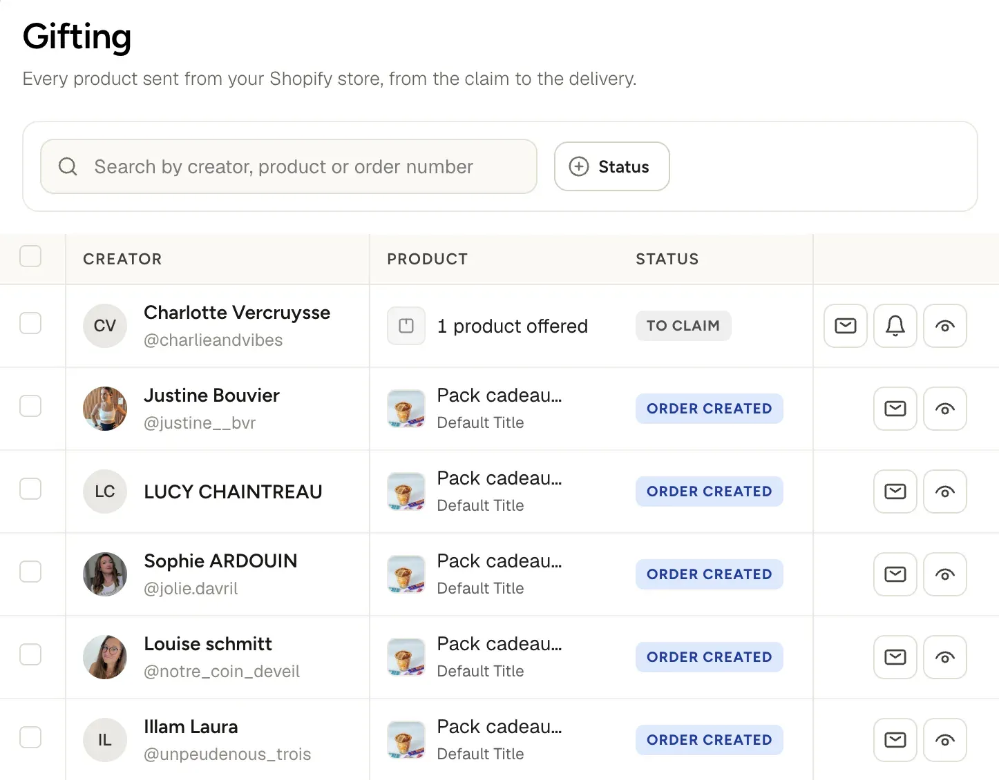 Liste Gifting dans Fluenceur : chaque produit envoyé depuis la boutique Shopify avec son statut, à réclamer ou commande créée