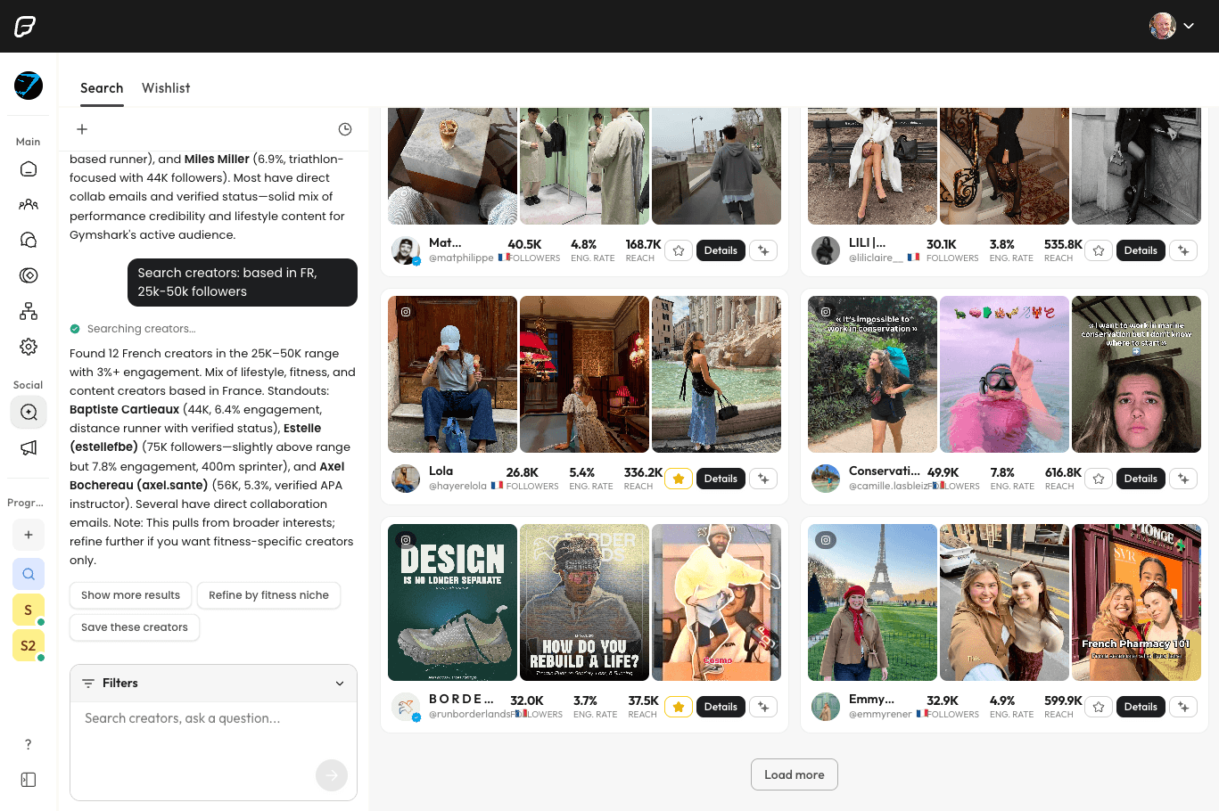 Interface de découverte IA Fluenceur montrant les résultats de recherche de micro-influenceurs avec taux d'engagement