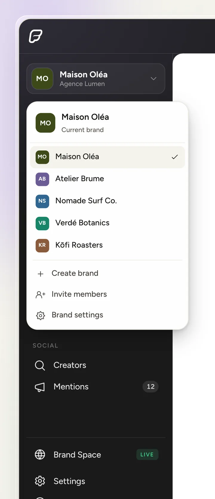 Client brand switcher in Fluenceur