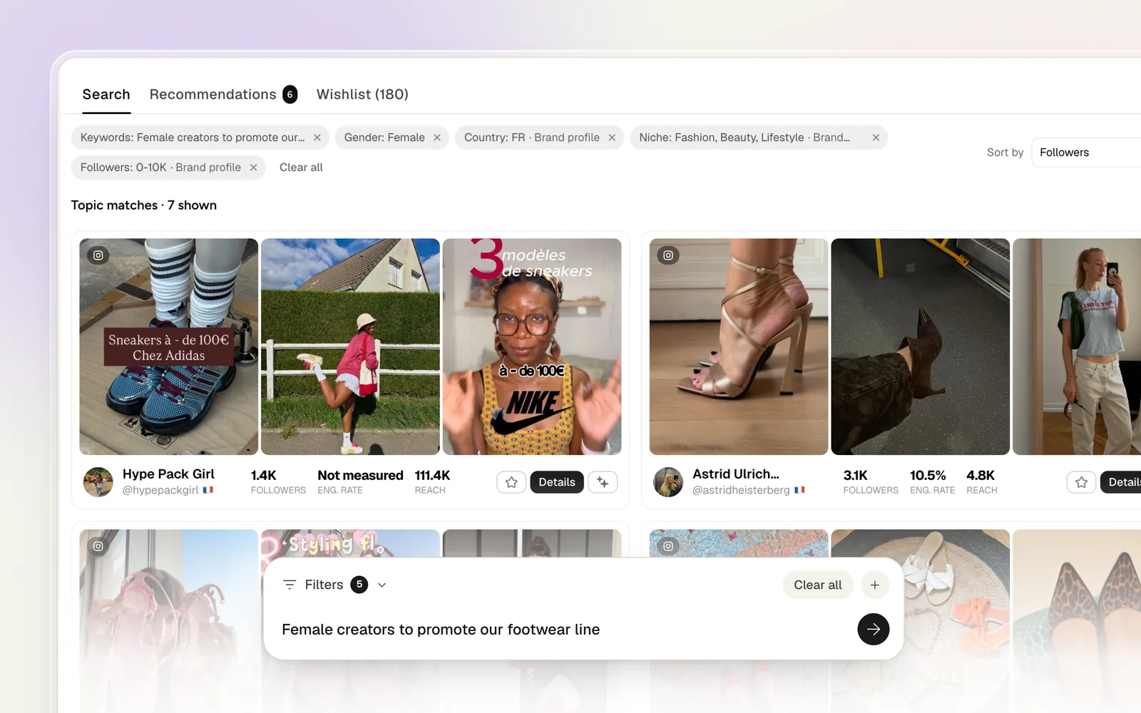 Creator search by criteria in Fluenceur