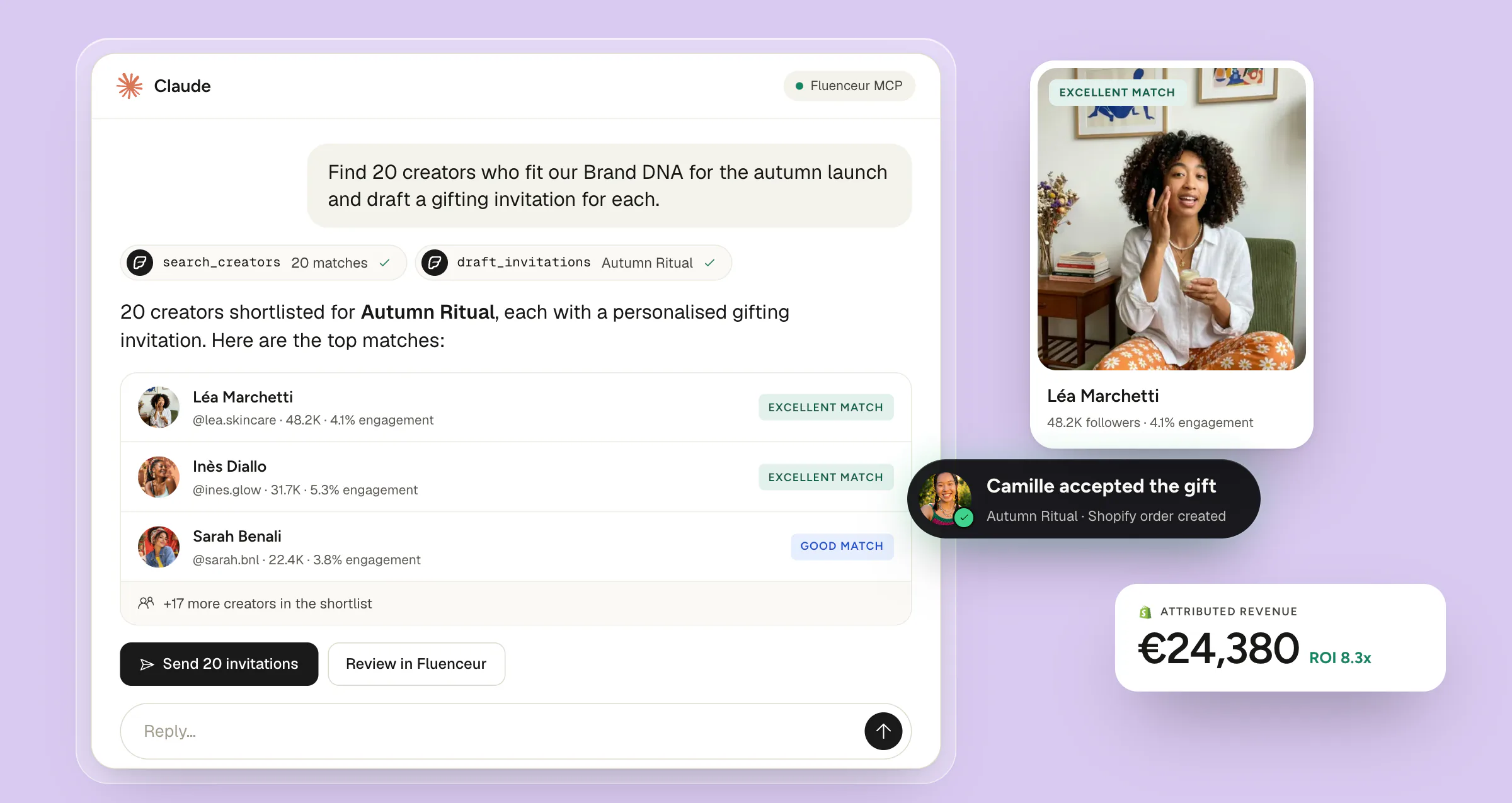 Claude connected to Fluenceur through MCP: 20 creators shortlisted against Brand DNA and gifting invitations drafted for an autumn launch
