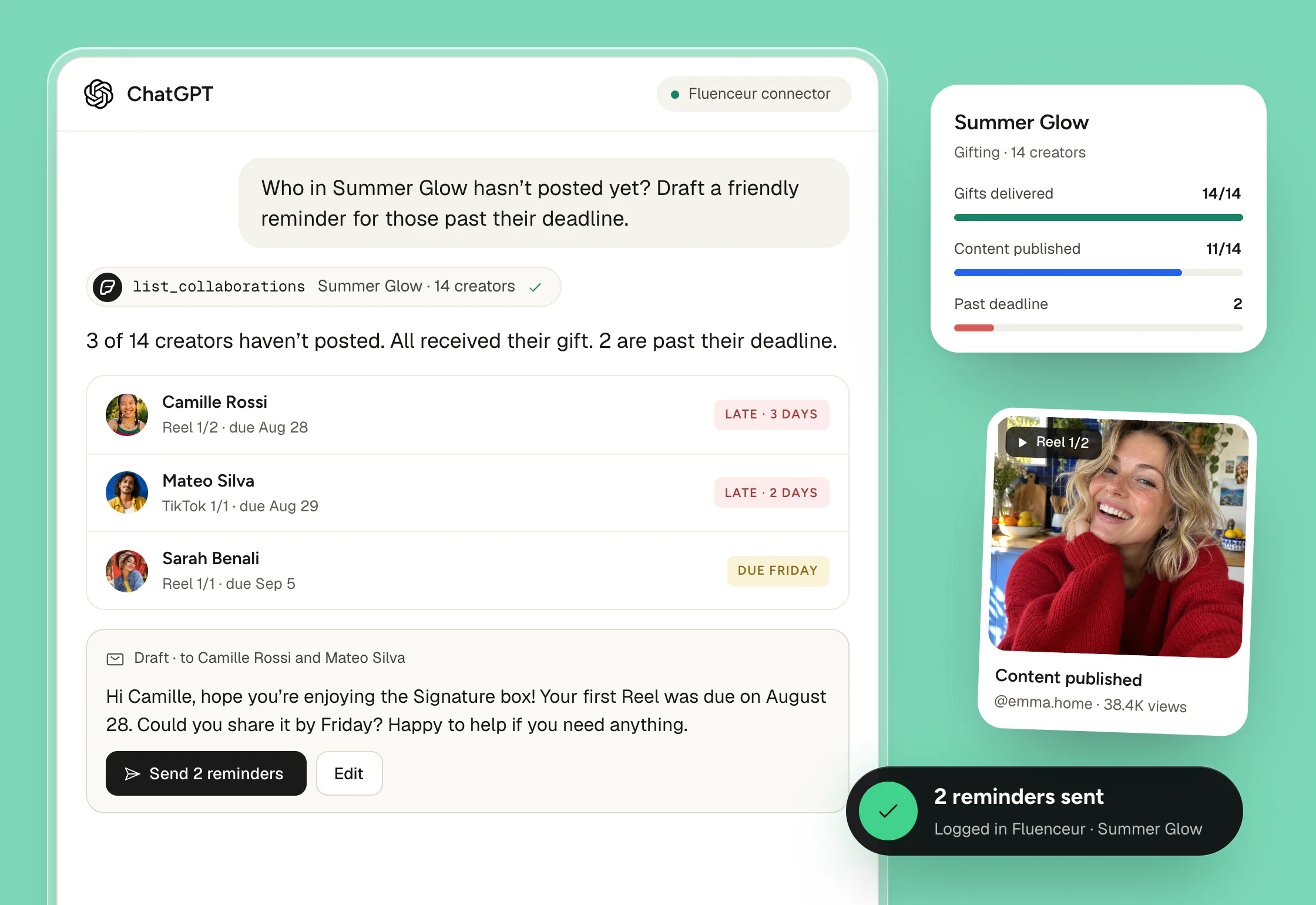 ChatGPT listing late influencer deliverables in a Fluenceur gifting program and drafting reminders to creators